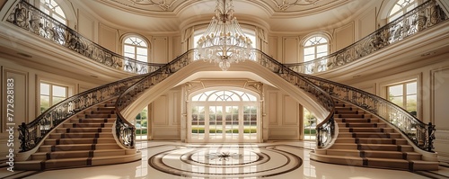 grand double staircase with crystal chandelier and white marble floors. architectural interior design of a luxury house. tall ceilings, central balcony and large glass windows. photo