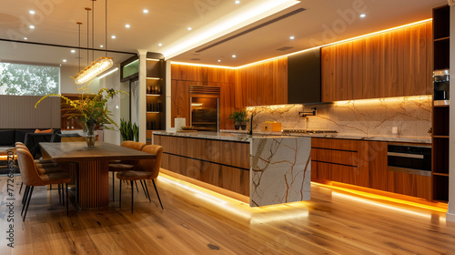 A kitchen that epitomizes modern sophistication, with a seamless blend of wood and marble finishes, recessed lighting that highlights the spacea??s clean lines,