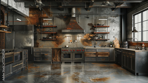 A kitchen that showcases a fusion of industrial and luxury design, with polished concrete floors, a dramatic metal range hood, and custom cabinetry that combines metal and wood for a unique,  photo