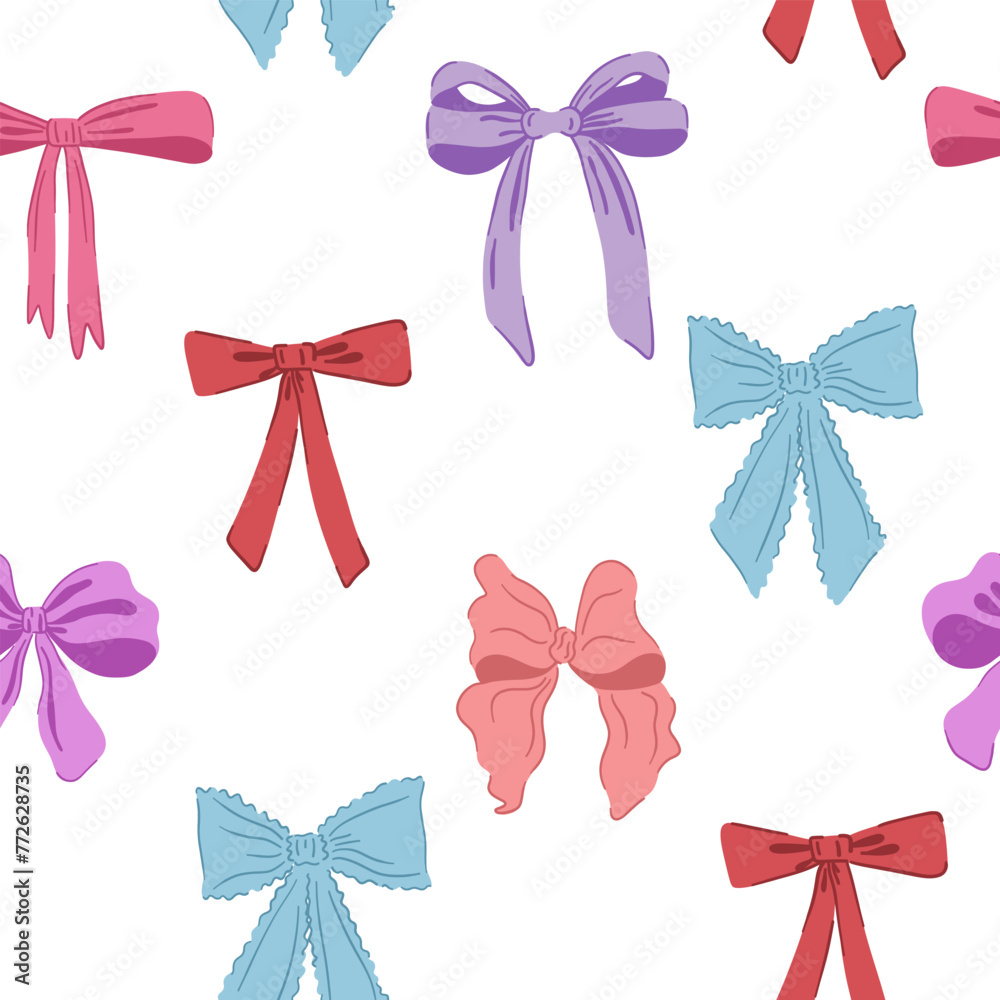 Bow ribbon seamless pattern. Cute hand drawing wallpaper. Coquette aesthetic bows. Cartoon drawn colorful vector illustration isolated on white background  - obrazy, fototapety, plakaty 
