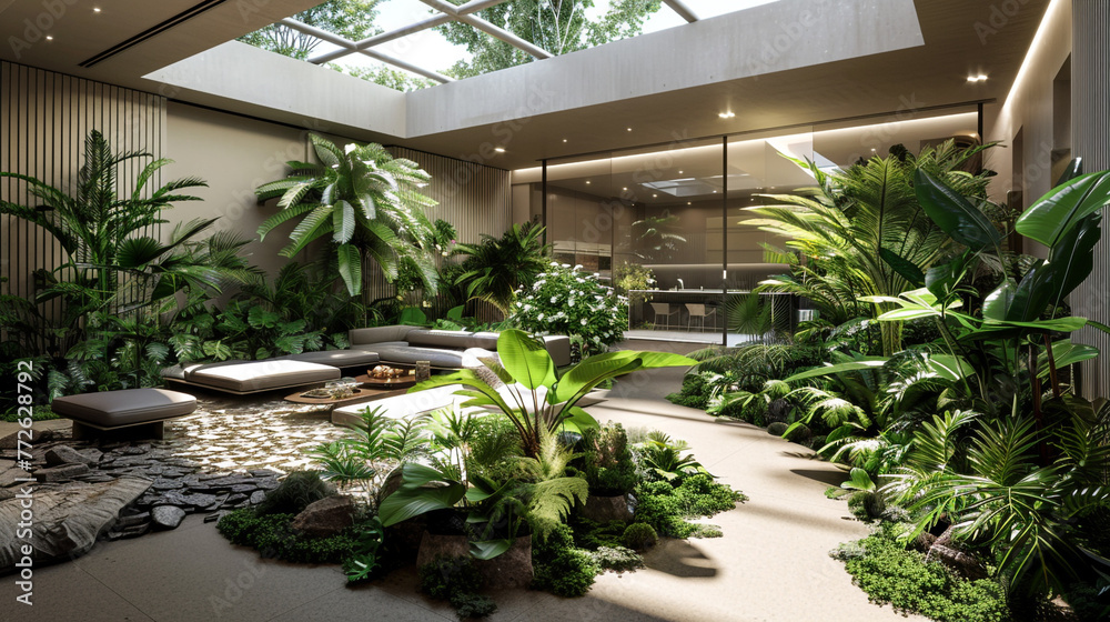 A lush indoor garden courtyard, with a variety of exotic plants and trees, surrounding a sleek, contemporary seating area. The space is lit by skylights,
