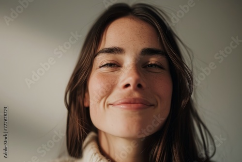 Portrait of a beautiful young woman with freckles on her face
