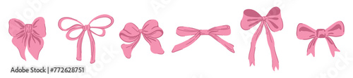 Ribbon bow collection. Cute hand drawing elements. Coquette aesthetic bows set. Cartoon drawn colorful vector illustration isolated on white 