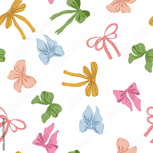 Ribbon bow seamless pattern. Cute hand drawing wallpaper. Coquette aesthetic bows. Cartoon drawn colorful vector illustration isolated on white background 