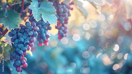 Beautiful natural background border with fresh juicy foliage of wild grapes and defocused bokeh outdoors in nature, panorama, copy space.