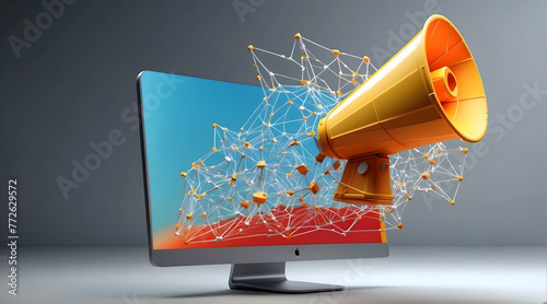 Contemporary conceptual image of a computer monitor with a bright orange megaphone and digital network symbolizing communication