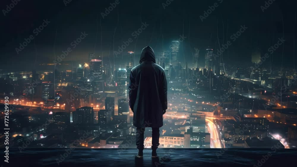 Hacker computer cybercriminal criminal with a jacket and a hood on the background of a big city at night. Concept computer data security