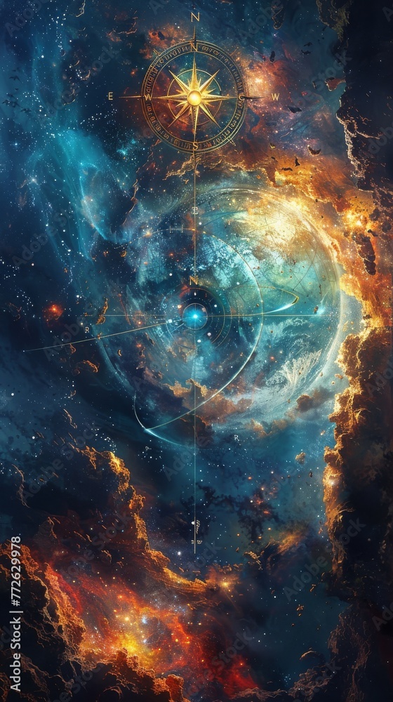 Obraz premium An abstract illustration with a compass and cloud and light effects representing inner guidance and turmoil. Seeking a new direction.