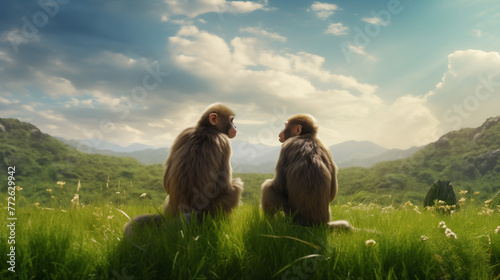 two monkey  on a meadow photo