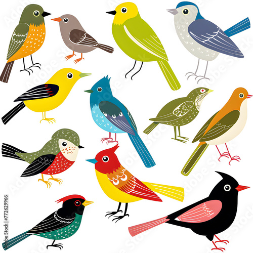 Clipart illustration featuring a various of colorful birds on white background. Suitable for crafting and digital design projects. A-0004 