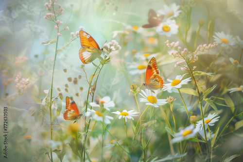 Delicate butterflies alight on daisies in a soft, sun-drenched meadow, radiating peace and natural beauty