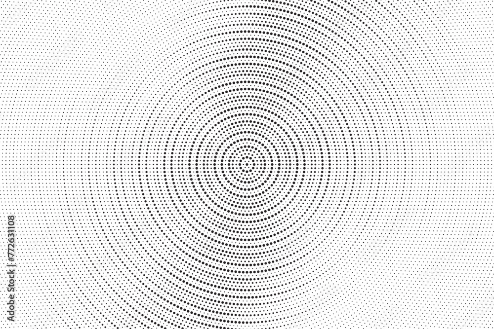 Radial halftone gradient background. Dotted concentric texture with fading effect. Black and white circle shade wallpaper. Grunge rough vector. Monochrome backdrop for various purpose.