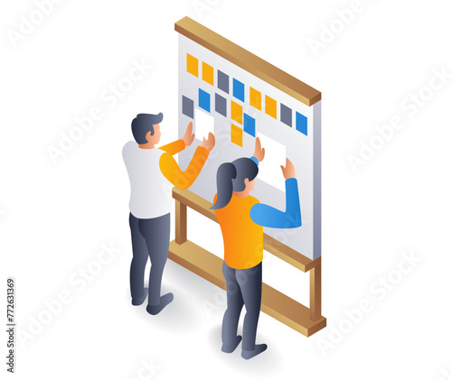 Team filling scrum board for business plan, flat isometric 3d illustration