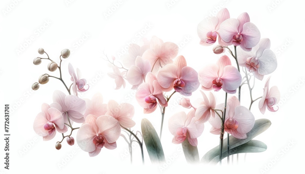 Translucent Pink Orchids Watercolor Illustration
, A delicate watercolor illustration portraying a spray of translucent pink orchids, with a dreamy and ethereal quality to their soft petals.
