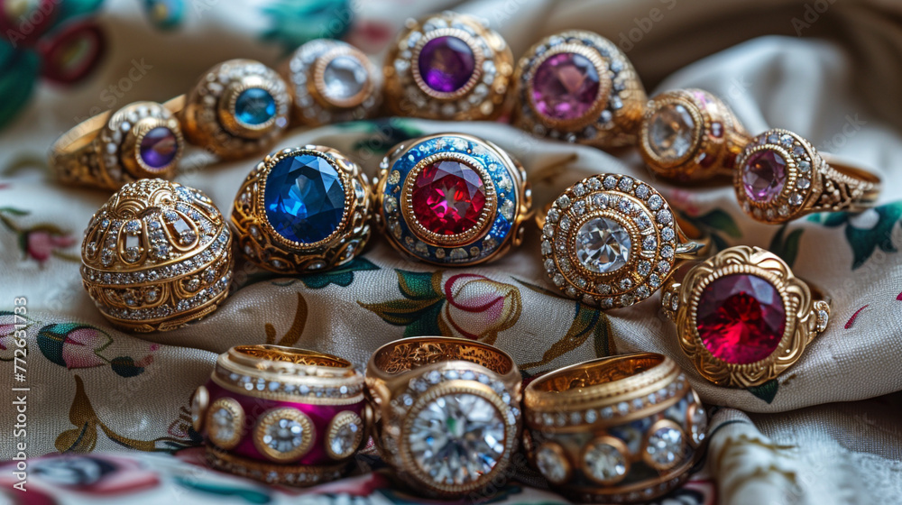 A collection of ornate Eid girl's rings, each showcasing different designs and gemstones, arranged on a silk fabric with floral patterns.