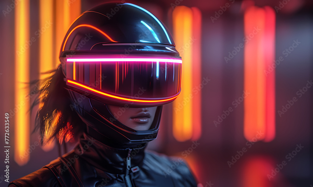 A person in a futuristic helmet and attire stands against a neon-lit backdrop, suggesting themes of cyberpunk and advanced technology A person in a futuristic helmet and attire stands against a neon-lit backdrop, suggesting themes of cyberpunk and advanced technology