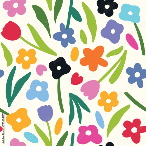 Colorful abstract seamless pattern. Vector floral wallpaper in doodle style with flowers and leaves. Gentle floral background. Print for fabric, paper, kids clothes and accessories