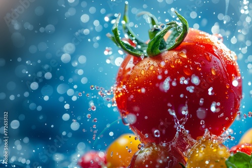 A tomato is surrounded by water droplets, creating a sense of freshness and vitality. The image conveys a feeling of abundance and abundance of nature's bounty photo