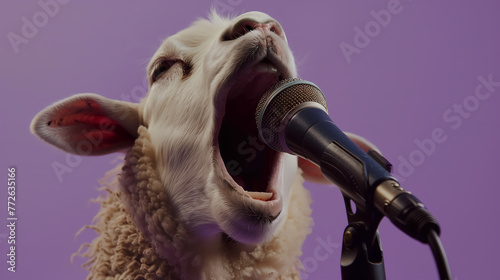 Close-up of a cartoon sheep passionately singing into a microphone, against a purple background, evoking a sense of performance