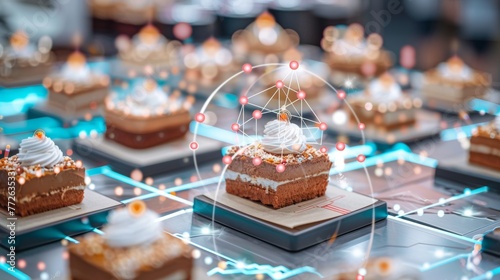 A close up of a dessert with a network of dots surrounding it. The dessert is a chocolate cake with whipped cream on top