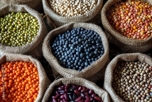A bag of beans and other legumes are displayed in a variety of colors. The beans are in different sizes and shapes, and they are all mixed together in the bag