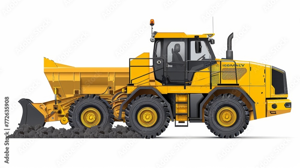 A yellow and black construction vehicle with a large bucket on the back. The vehicle is parked on a white background