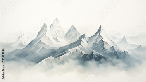 A watercolor painting of a minimalist mountain peak, with a misty mountain range.