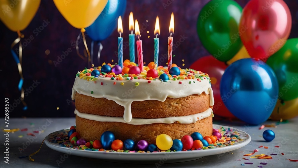 Birthday cake with candles on a plate with balloons and confetti on a background Birthday cake with candles on a plate with balloons and confetti on a background
