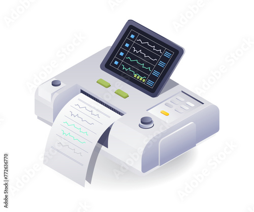 Medical equipment ecg machine patient flat isometric illustration