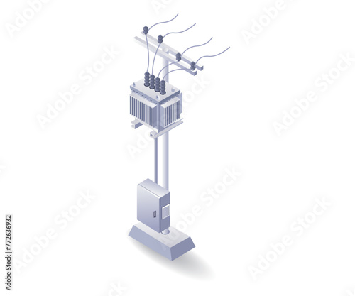 Power line pole and technology control panel with transformer flat isometric illustration