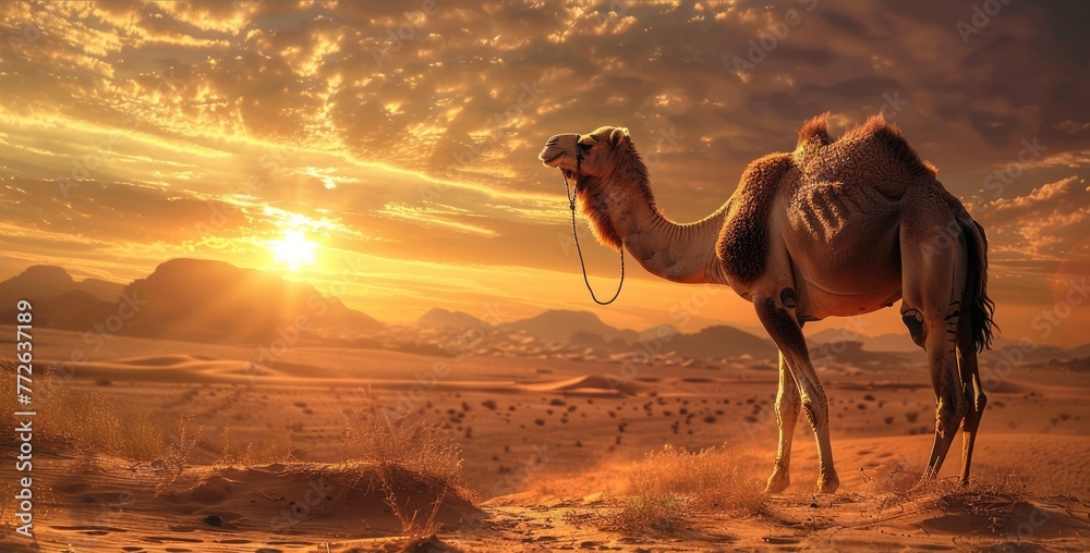 Camel in the desert at golden hour sunset. AI Generated 