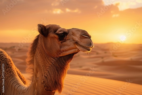 Camel portrait in the desert at golden hour sunset. AI Generated 