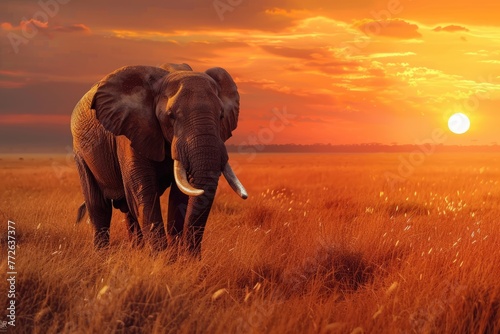 Elephant in grasslands in Africa at sunset. AI Generated 
