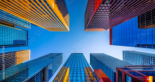 Looking skyward at a vibrant array of colorful high-rise buildings framing a clear blue sky within a bustling city