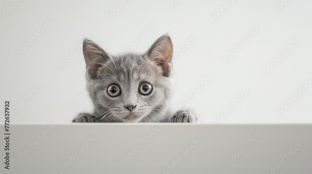A shy gray Shorthair kitten peering timidly from behind a white table, muted tones real photo, stock photography