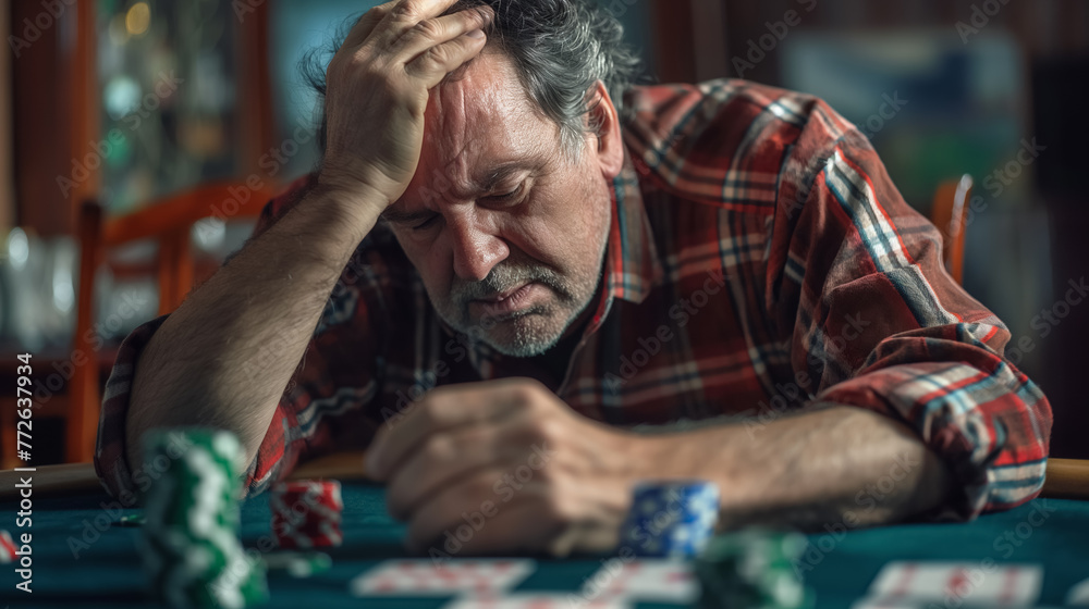 A man in a plaid shirt appears deeply stressed, hand on forehead, as he contemplates his poker chips and cards on the table. A man in a plaid shirt appears deeply stressed, hand on forehead, as he contemplates his poker chips and cards on the table.
