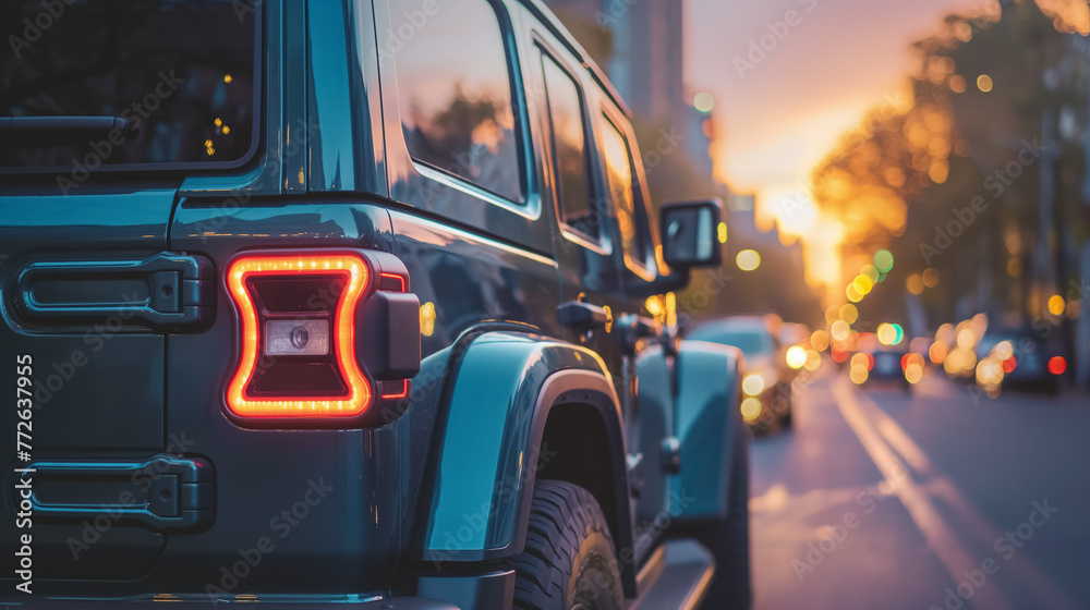 Obraz premium A close-up of a modern vehicle's tail light glowing against the bustling city street at dusk, as the day ends.