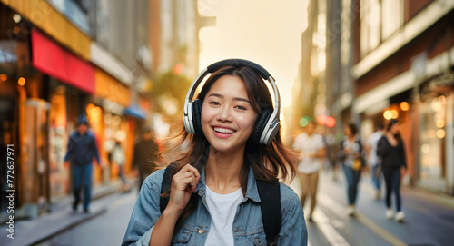 Joyful young Japanese woman listens to music via headphones connected to cell phone while walking around the city center. Wellbeing and happiness concept. photo