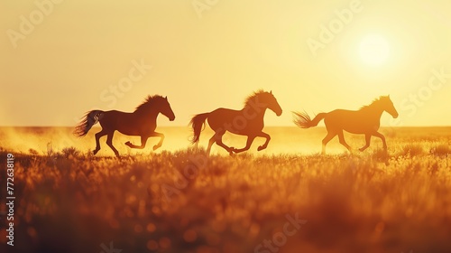 A close-up portrait silhouette of horses running on plains, the sun casting long shadows, highlighting their graceful movement, vintage filter © SazzadurRahaman