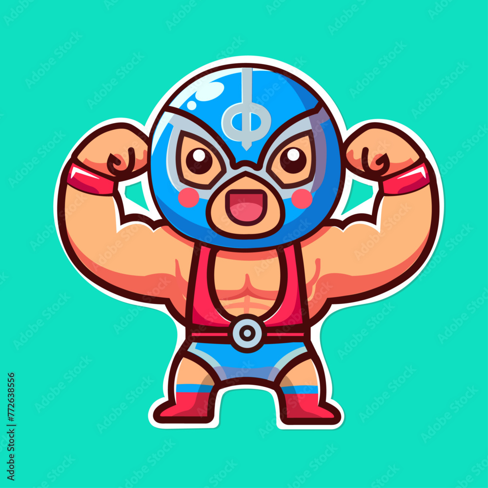 Sticker of cute Mexican Wrestler, tiny small Mask battle acrobat fighter Lucha Libre, Isolated on colored background, flat vector illustration Sticker of cute Mexican Wrestler, tiny small Mask battle acrobat fighter Lucha Libre, Isolated on colored background, flat vector illustration