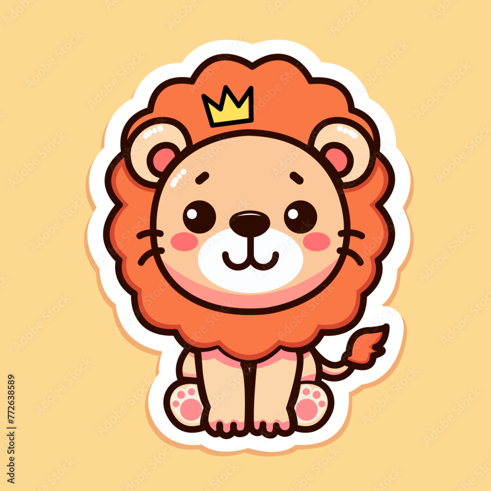 Sticker of cute Lion wearing Golden crown, tiny small wild animal, Isolated on colored background, flat vector illustration Sticker of cute Lion wearing Golden crown, tiny small wild animal, Isolated on colored background, flat vector illustration