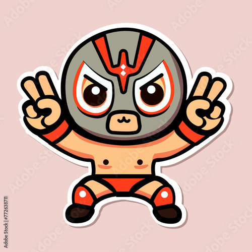 Sticker of cute Mexican Wrestler, tiny small Mask battle acrobat fighter Lucha Libre, Isolated on colored background, flat vector illustration 
