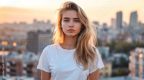 In a vibrant urban setting, a young blonde woman dons a Bella Canvas white t-shirt as she explores the city streets, real photo, stock photography photo