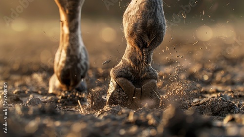 Detailed close-up view of horse hooves firmly grounded on the nutrient-rich, freshly plowed farmland, epitomizing the essence of rural agriculture.