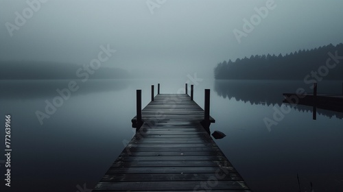 A wooden bridge in the fog. A beautiful mystical photo