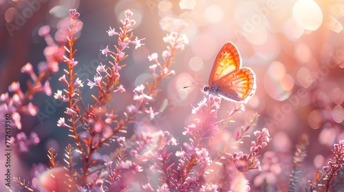 Surprisingly beautiful colorful floral background. Heather flowers and butterfly in rays of summer sunlight in spring outdoors on nature macro, soft focus. Atmospheric photo, gentle artistic image. © Ziyan