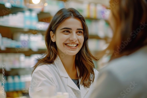 A serene professional female pharmacist counseling a customer with a warm smile in a modern chemist shop, real photo, stock photography generative ai images