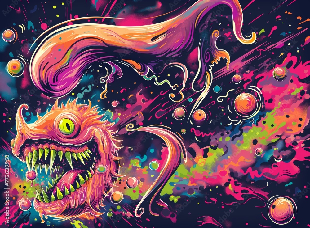 Colorful and vibrant illustration of peach-like orange cosmic monster