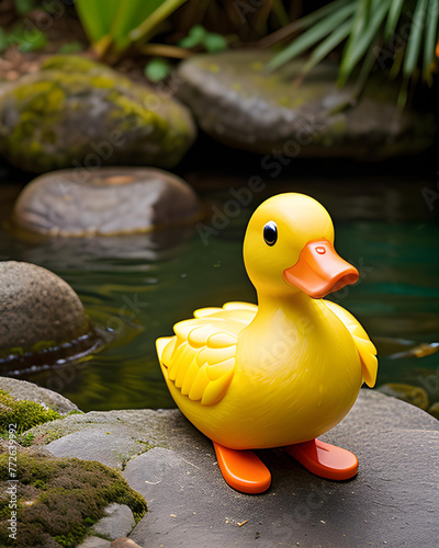 Un pequeño patito de hule muy lindo,junto a unas piedras y un río trranquilo photo