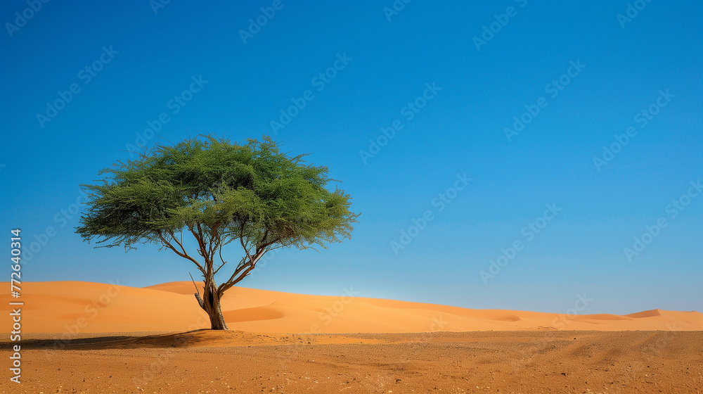 Acacia tree in Sahara Desert. Lonesome acacia tree in sandy desert. One acacia tree in the desert. Merzouga morocco. Black stone desert with sand dunes in the distance. .  Generative AI
